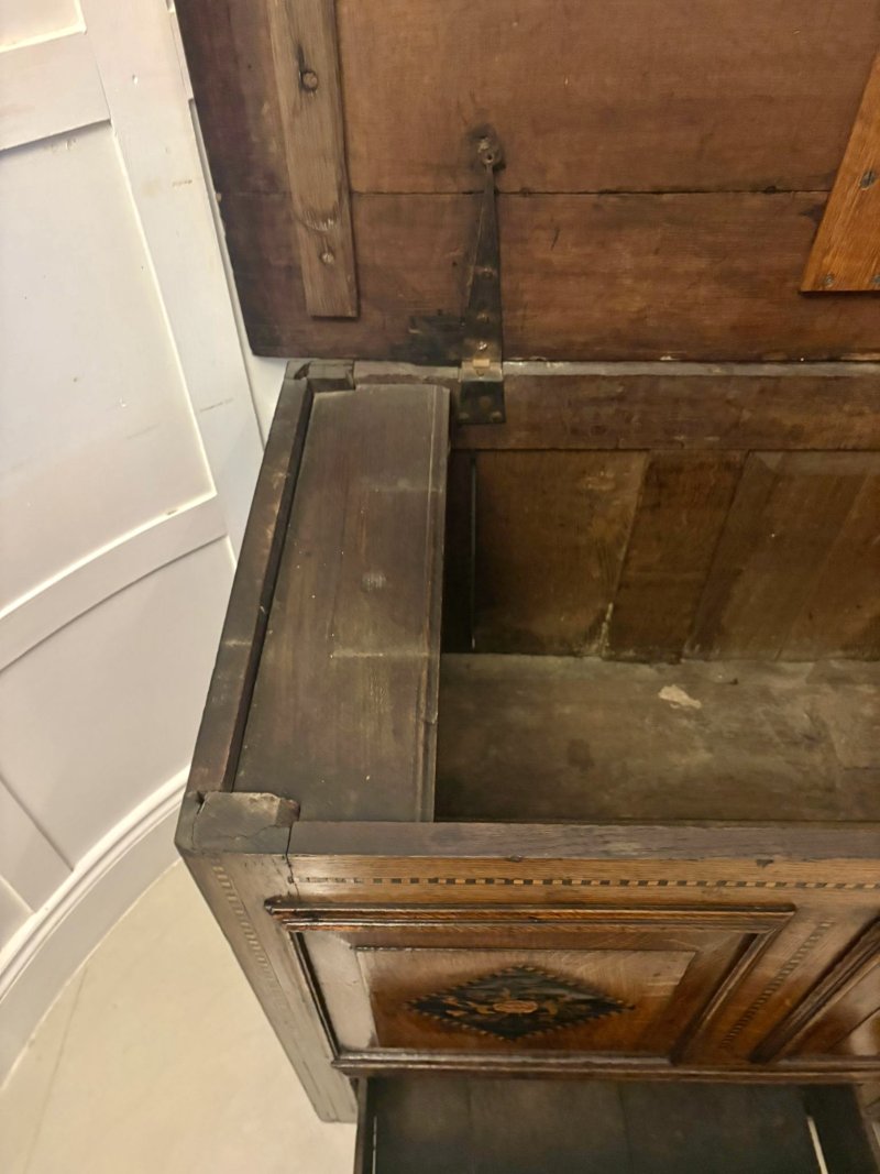 Exceptional Quality 17th Century Antique Oak Mule Chest with Marquetry Inlay